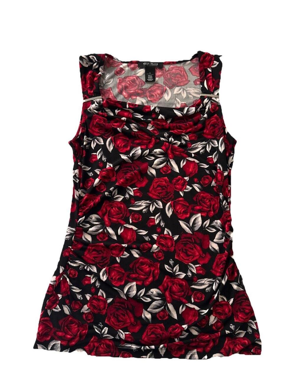 White House Black Market Womens S Cinched Sides Red Rose Pattern Sleeveless Top